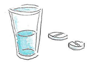 En teckning av ett glas vatten och tabletter