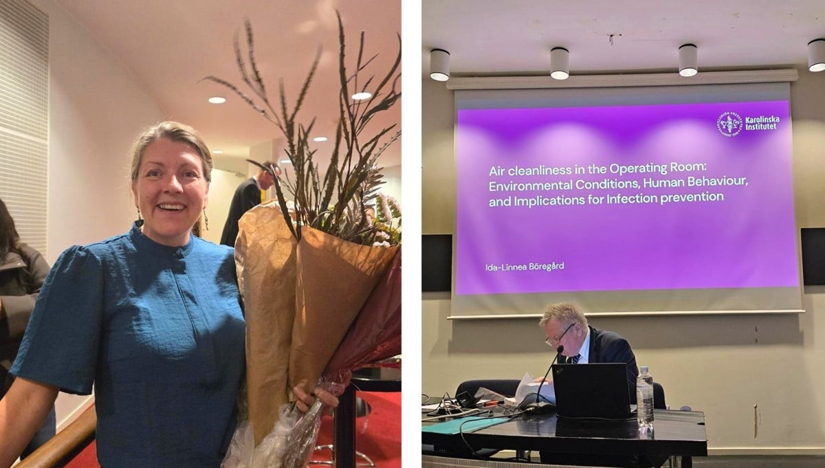 Kvinna poserar med blombukett och man som sitter i en aula framför en stor skärm